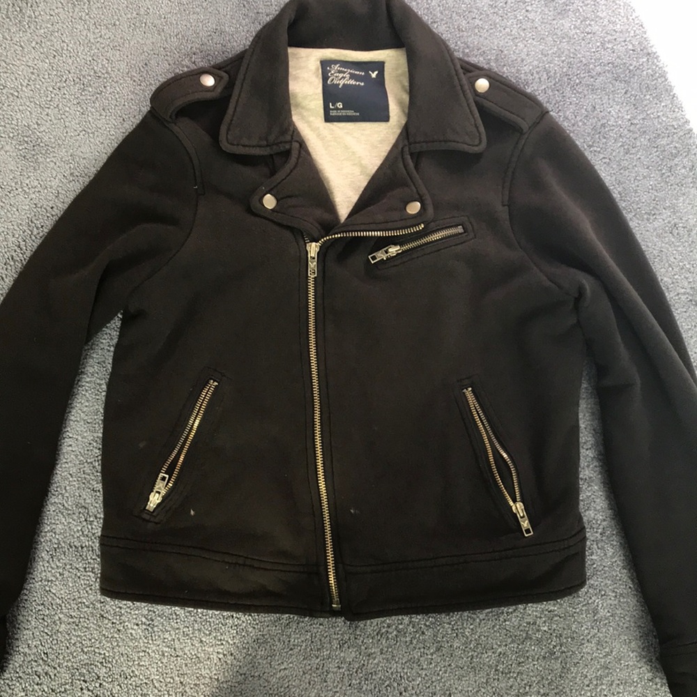 AEO black sweatshirt material biker jacket